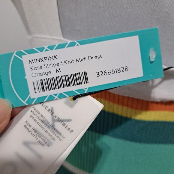 MinkPink Kosa Striped Knit Midi Dress Orange Multi Color Medium NWT - Picture 6 of 11